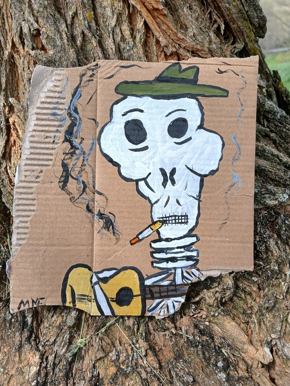 Skeleton Playing Guitar Art Painting On Cardboard